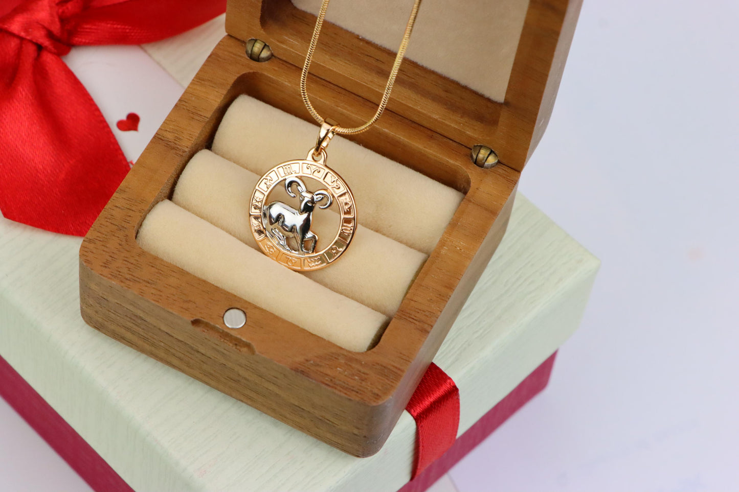 Rose Gold Zodiac Pendant with Ram Motif and Symbolic Border, XPPT1445 (2136-9)