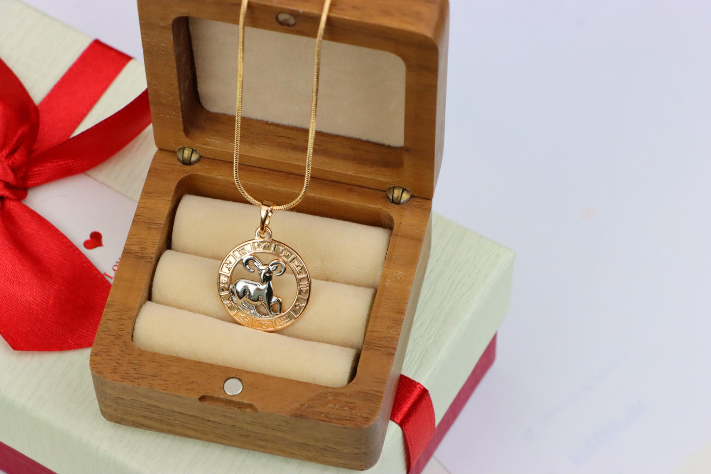 Rose Gold Zodiac Pendant with Ram Motif and Symbolic Border, XPPT1445 (2136-9)