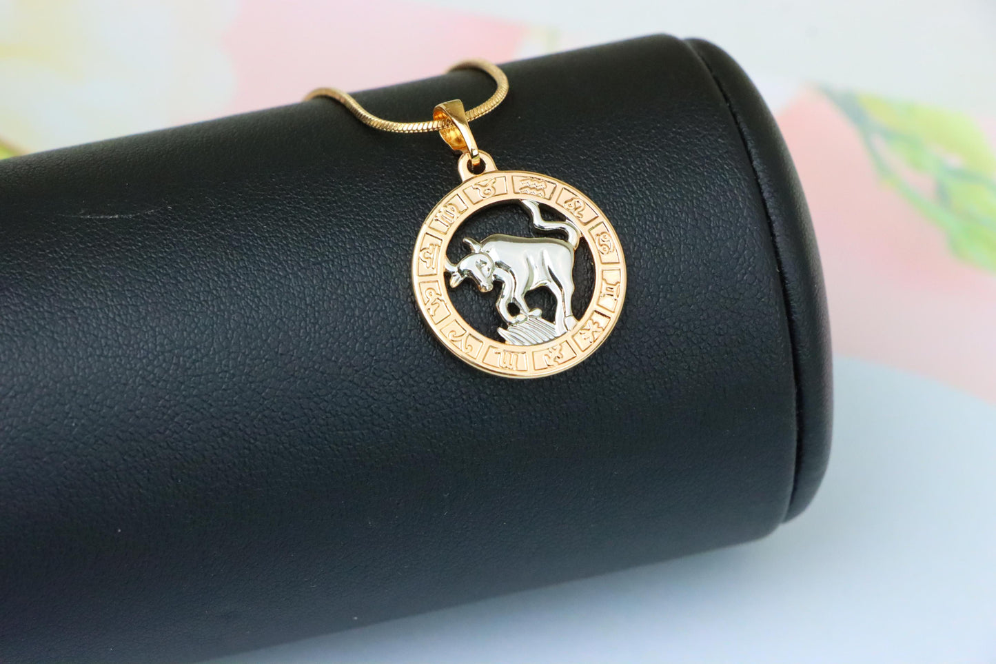 Rose Gold Taurus Zodiac Pendant with Bull Motif and Symbol Ring, XPPT1446 (2136-9)
