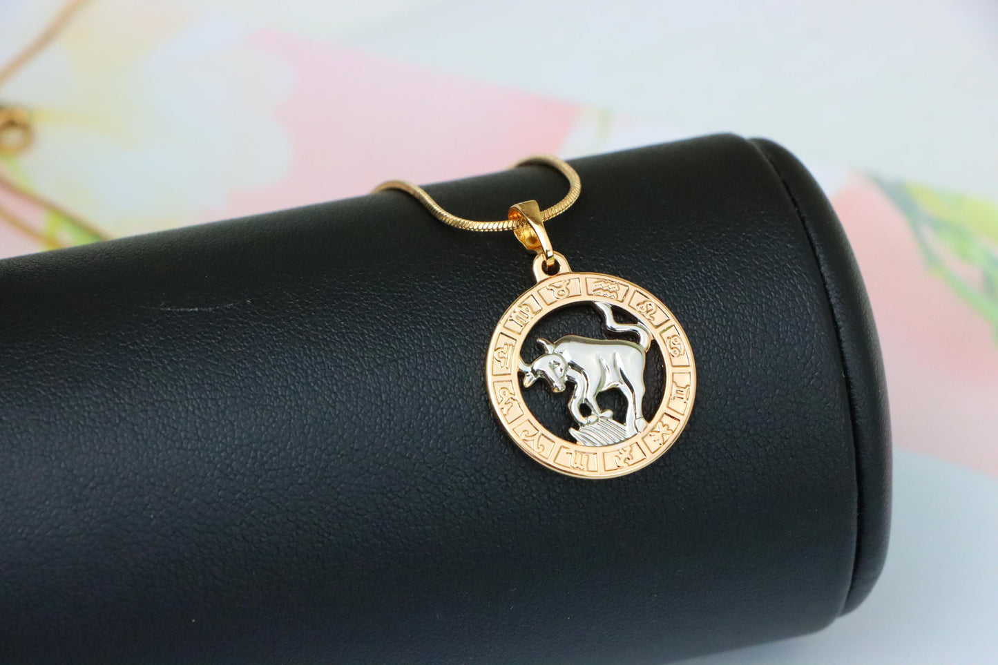 Rose Gold Taurus Zodiac Pendant with Bull Motif and Symbol Ring, XPPT1446 (2136-9)