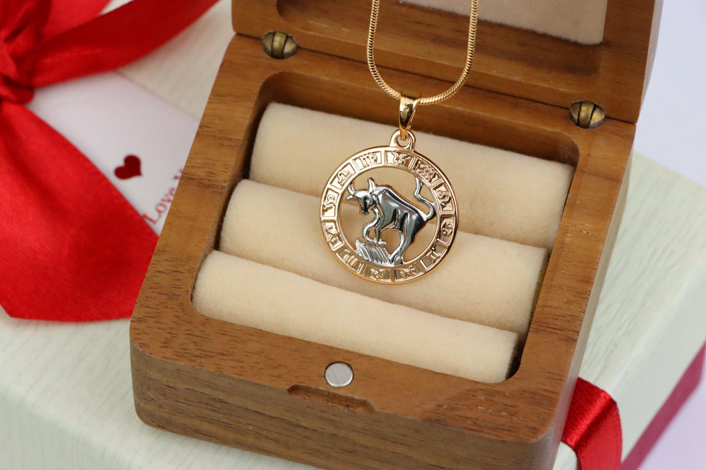 Rose Gold Taurus Zodiac Pendant with Bull Motif and Symbol Ring, XPPT1446 (2136-9)