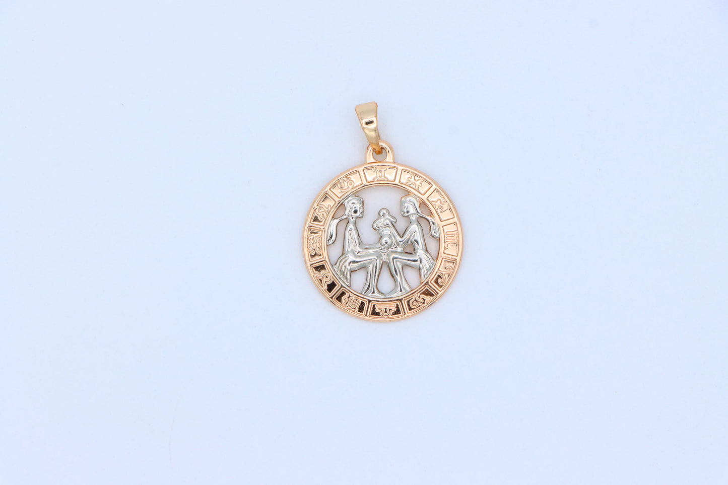 Rose Gold Gemini Zodiac Pendant with Twin Motif and Symbol Circle, XPPT1447 (2136-9)