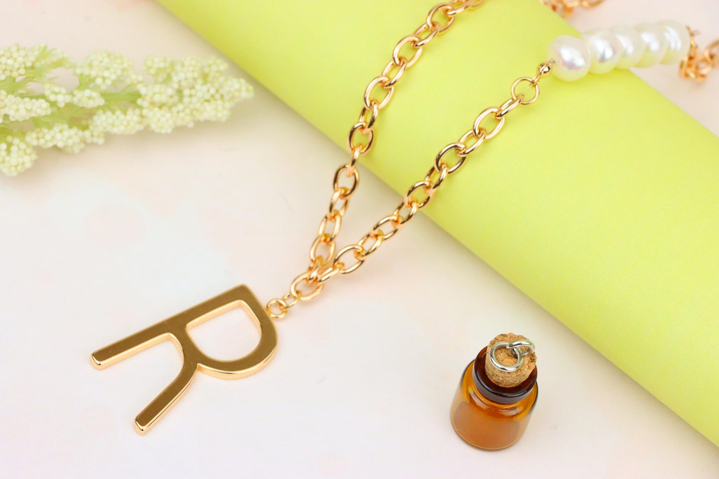 Rose Gold Initial 'R' Necklace with Pearls, XPNL1904 (2161-7)