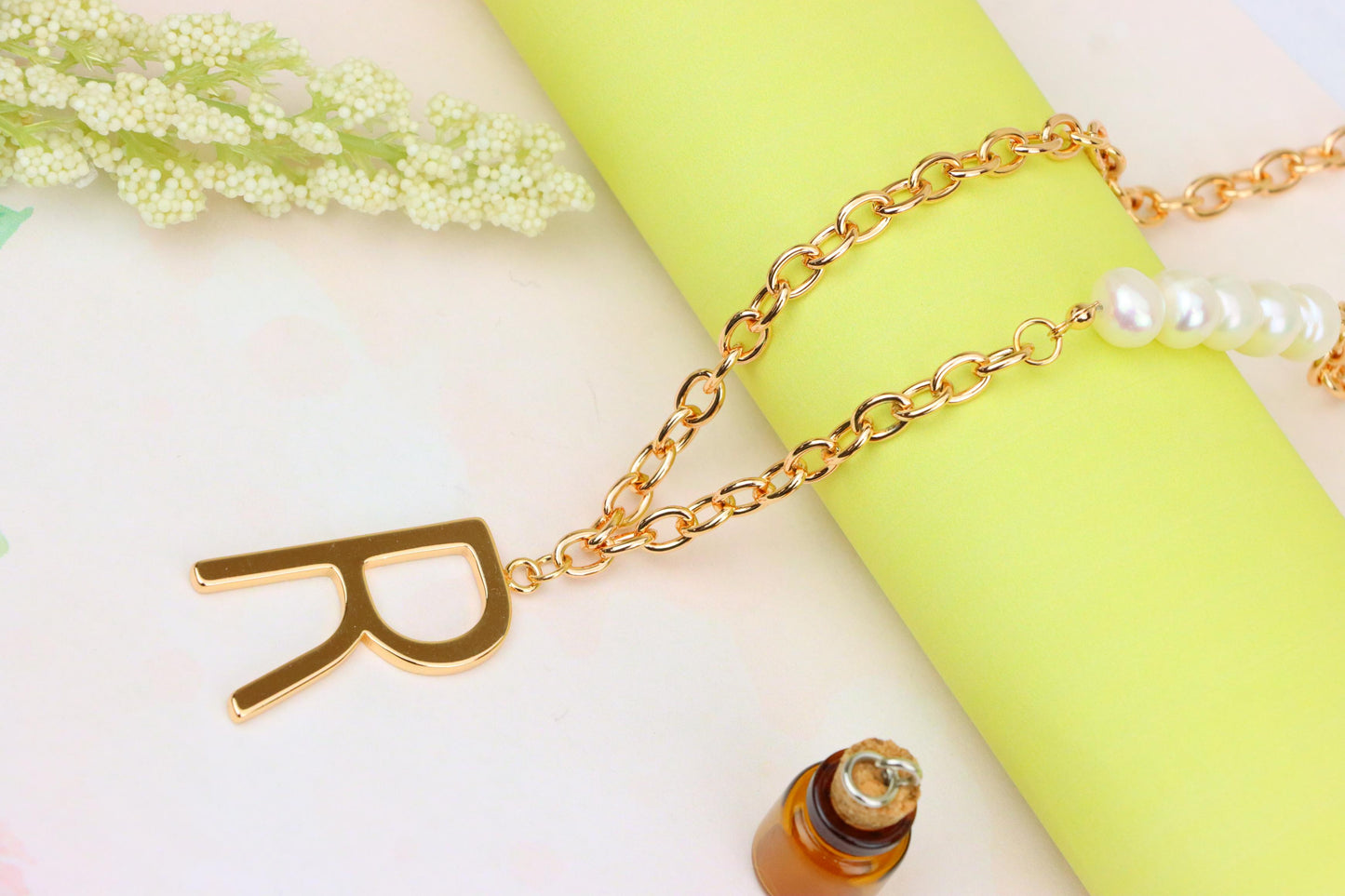 Rose Gold Initial 'R' Necklace with Pearls, XPNL1904 (2161-7)