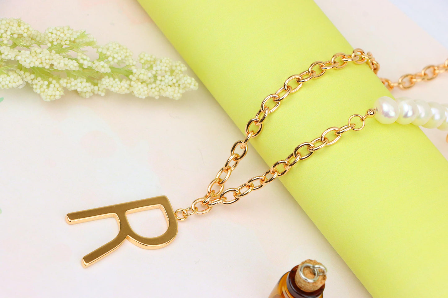 Rose Gold Initial 'R' Necklace with Pearls, XPNL1904 (2161-7)