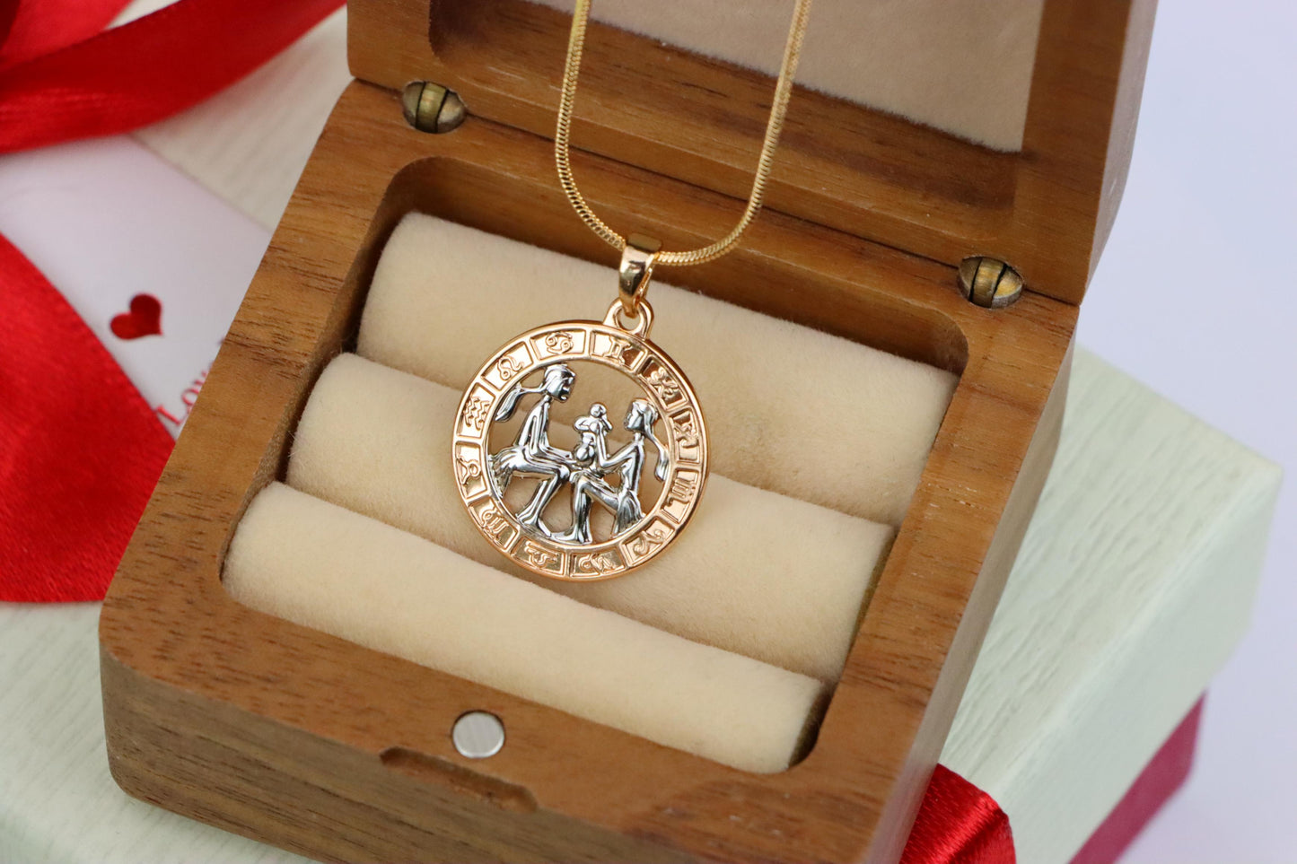 Rose Gold Gemini Zodiac Pendant with Twin Motif and Symbol Circle, XPPT1447 (2136-9)
