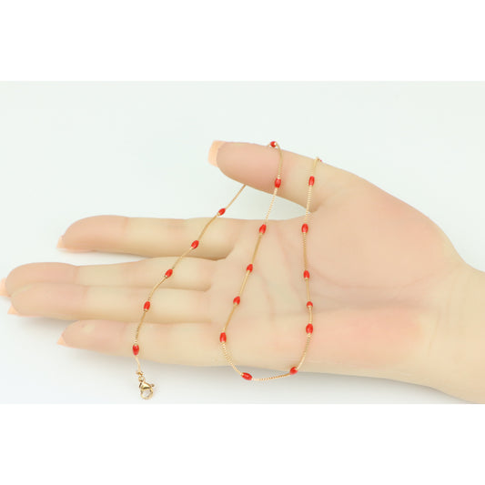 Red Beaded Yellow Gold Necklace+ 2 Inch Adjustable Chain, XPNL0297 (2030-7)