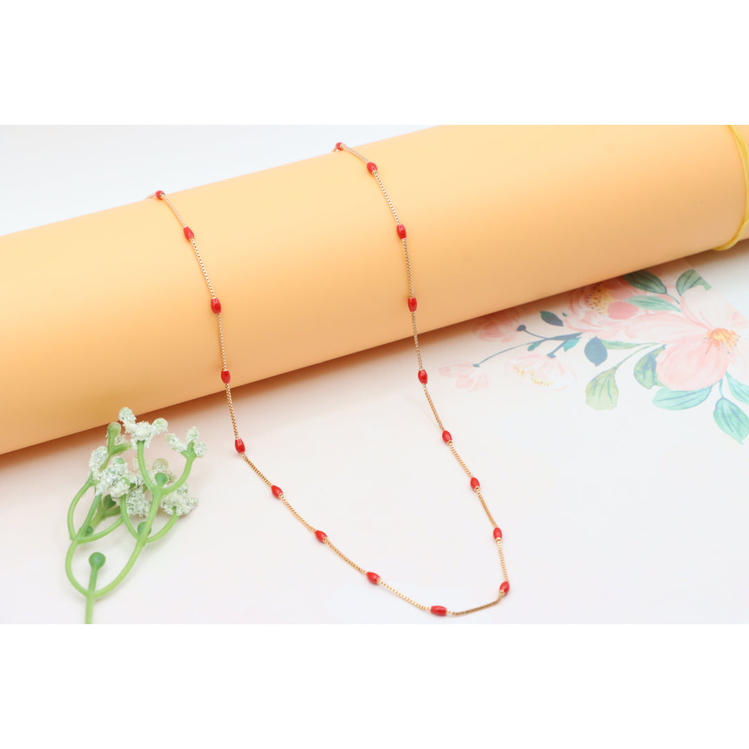 Red Beaded Yellow Gold Necklace+ 2 Inch Adjustable Chain, XPNL0297 (2030-7)