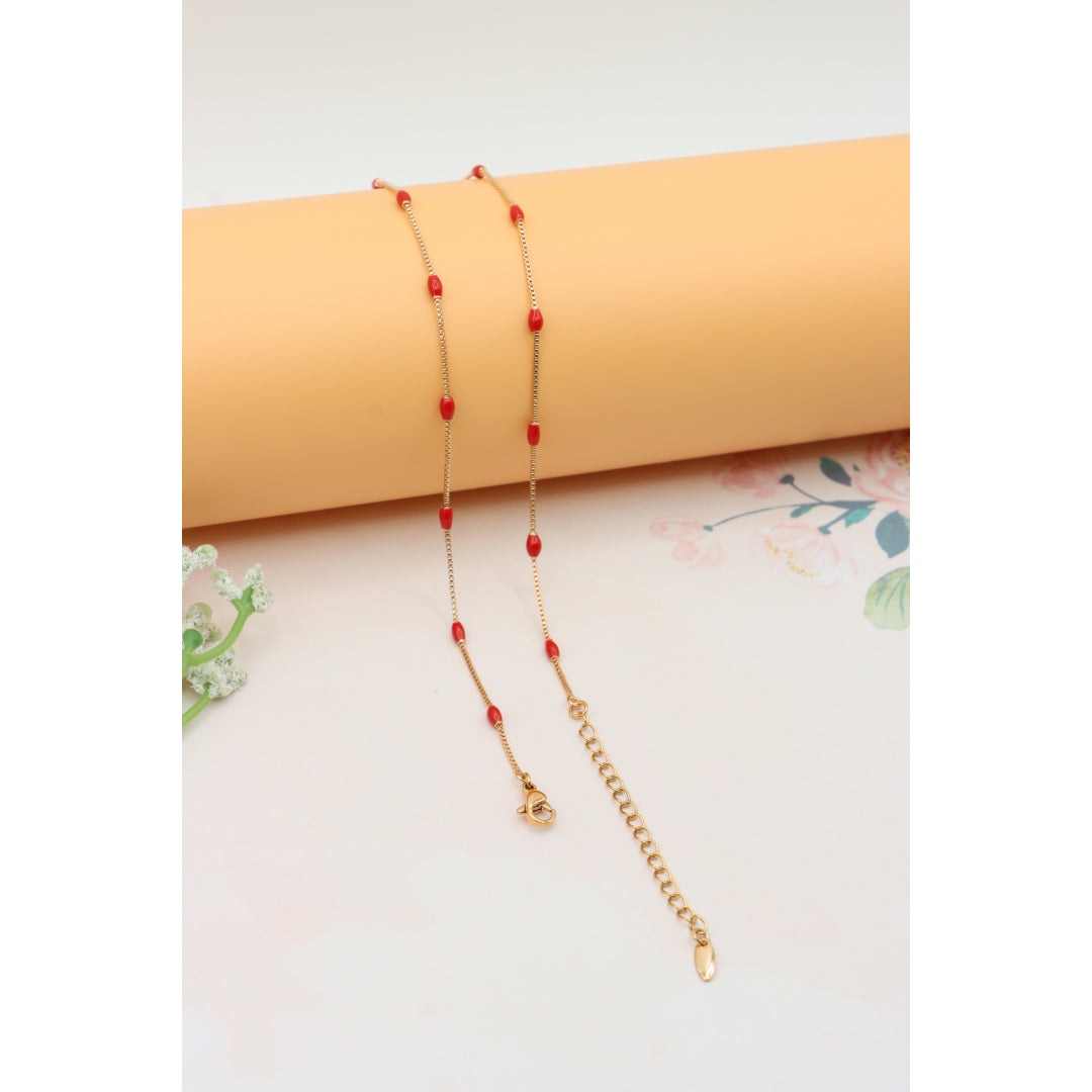 Red Beaded Yellow Gold Necklace+ 2 Inch Adjustable Chain, XPNL0297 (2030-7)