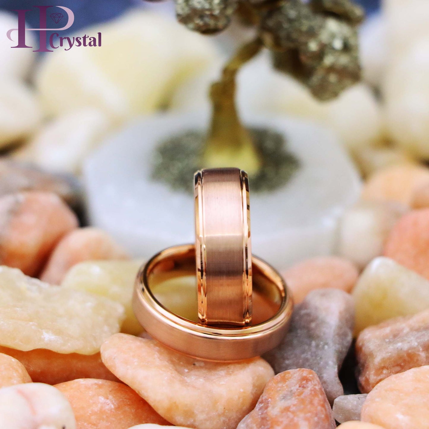 Rose Gold IP Plated Flat Brushed Center with High Polish Stepped Edge Tungsten Ring