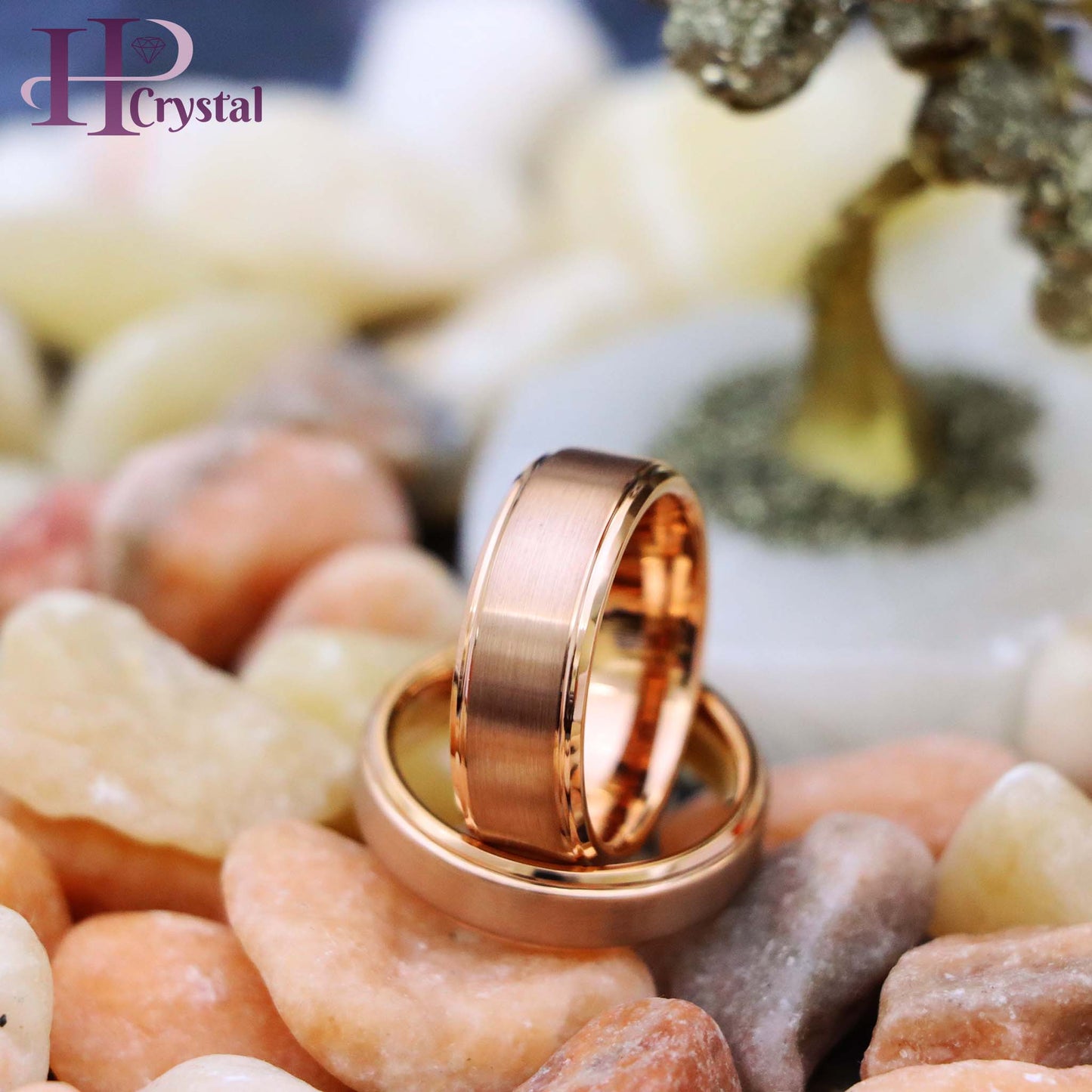 Rose Gold IP Plated Flat Brushed Center with High Polish Stepped Edge Tungsten Ring