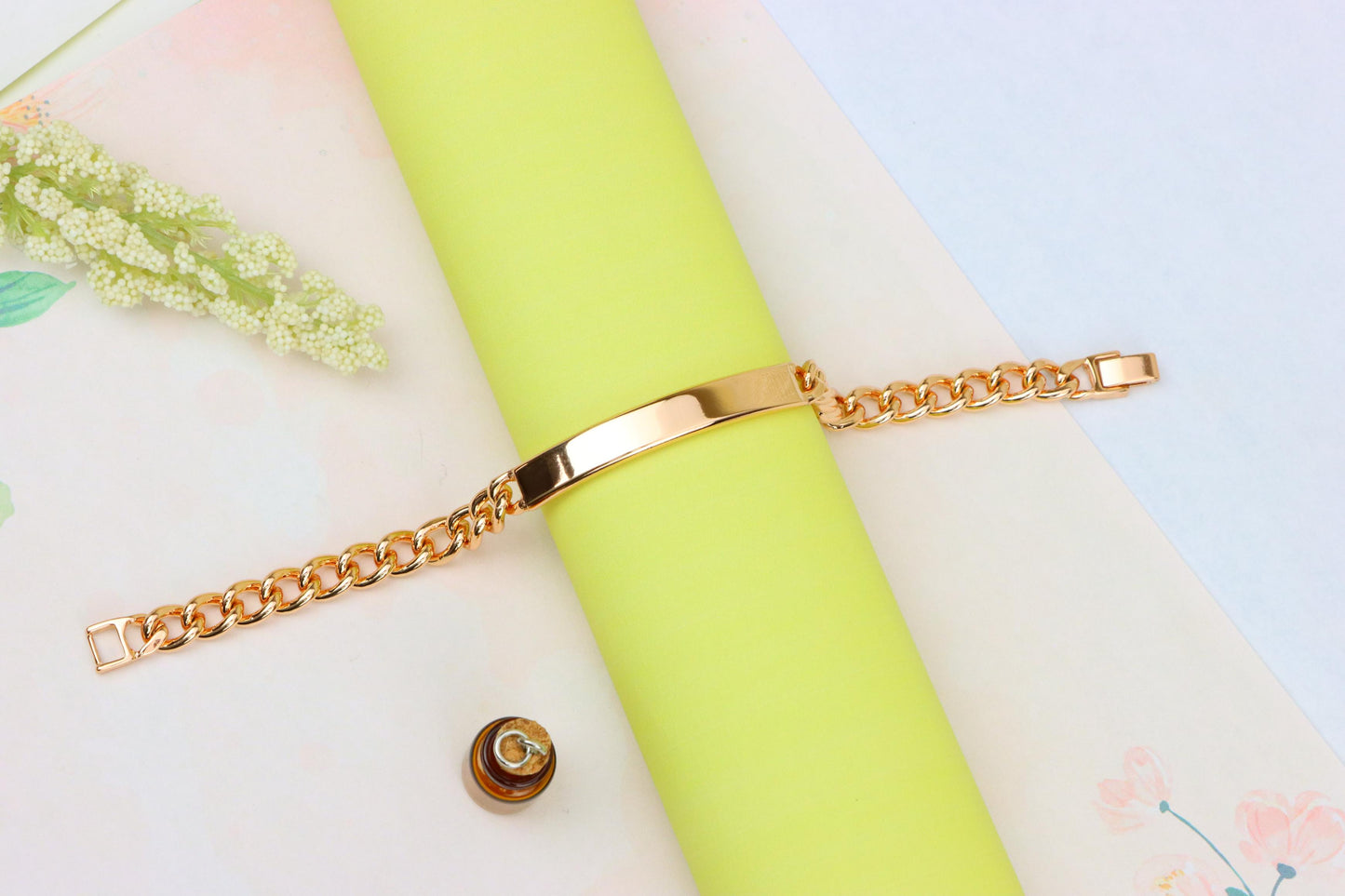 Rose Gold Curb Chain Bracelet with Polished ID Bar, XPNL1908 (2162-1)