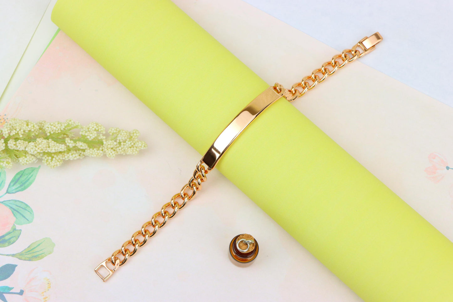 Rose Gold Curb Chain Bracelet with Polished ID Bar, XPNL1908 (2162-1)