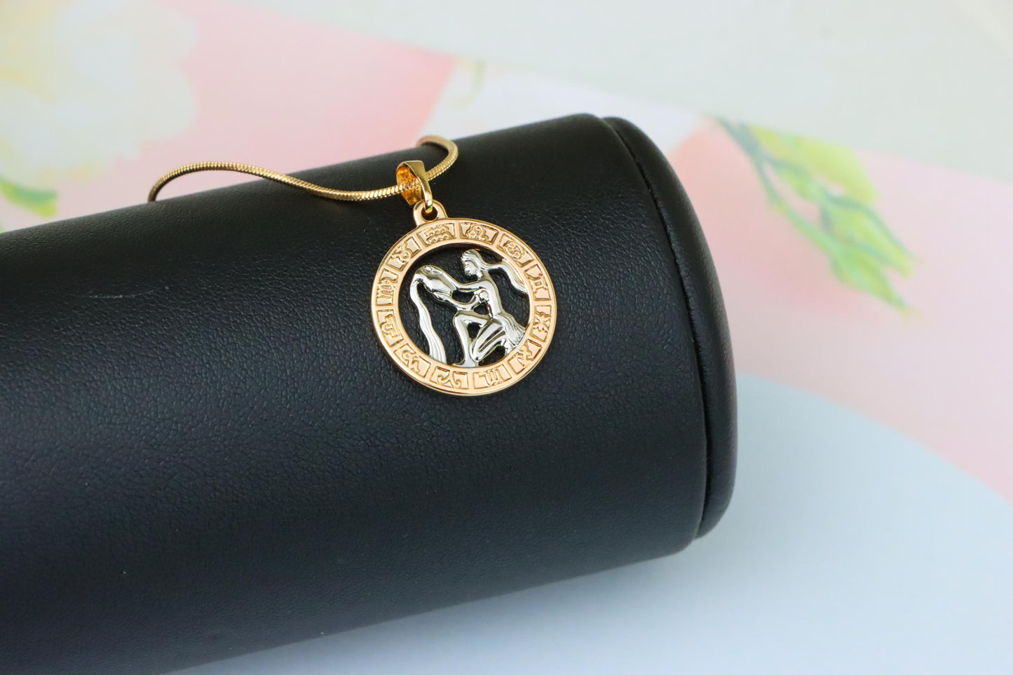 Rose Gold Aquarius Zodiac Pendant Featuring Water Bearer Symbol, XPPT1455 (2136-9)