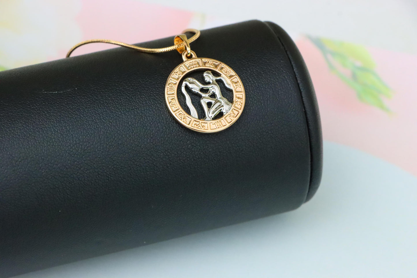 Rose Gold Aquarius Zodiac Pendant Featuring Water Bearer Symbol, XPPT1455 (2136-9)