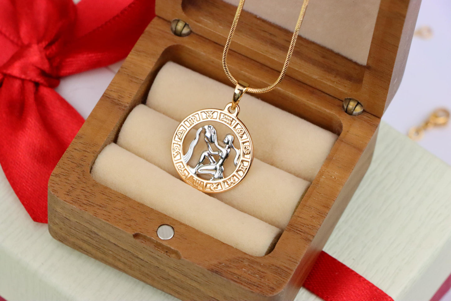 Rose Gold Aquarius Zodiac Pendant Featuring Water Bearer Symbol, XPPT1455 (2136-9)
