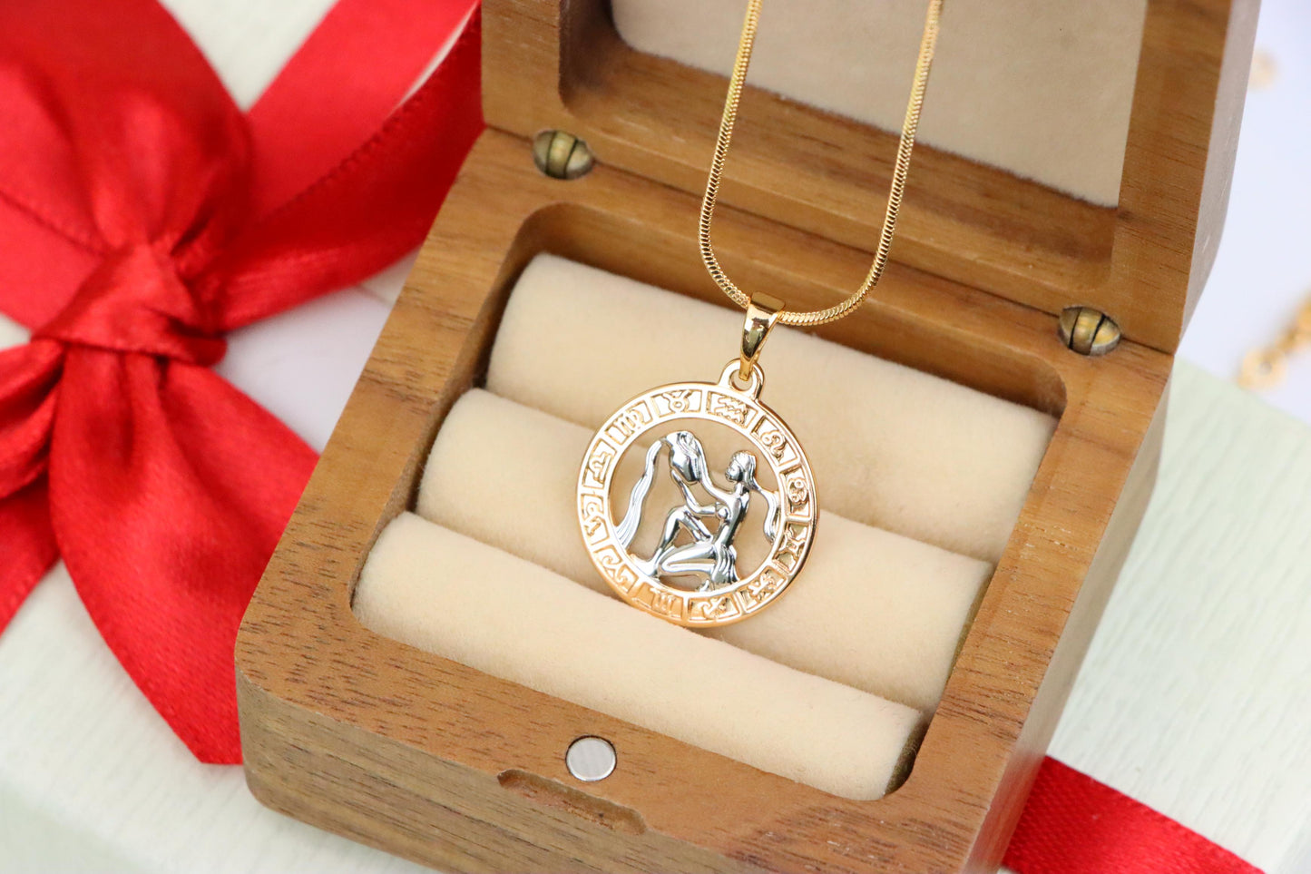 Rose Gold Aquarius Zodiac Pendant Featuring Water Bearer Symbol, XPPT1455 (2136-9)
