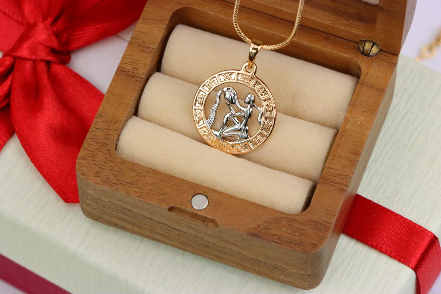 Rose Gold Aquarius Zodiac Pendant Featuring Water Bearer Symbol, XPPT1455 (2136-9)