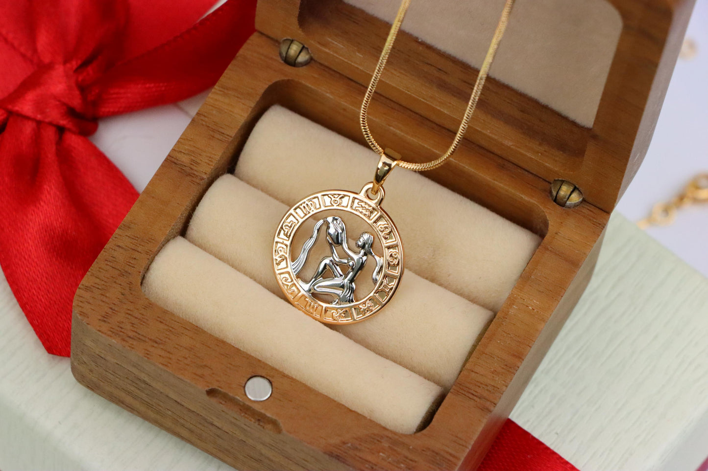 Rose Gold Aquarius Zodiac Pendant Featuring Water Bearer Symbol, XPPT1455 (2136-9)