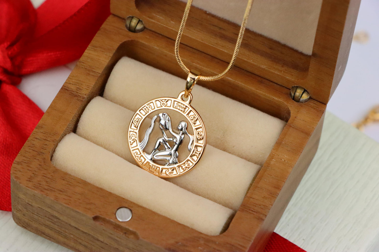 Rose Gold Aquarius Zodiac Pendant Featuring Water Bearer Symbol, XPPT1455 (2136-9)