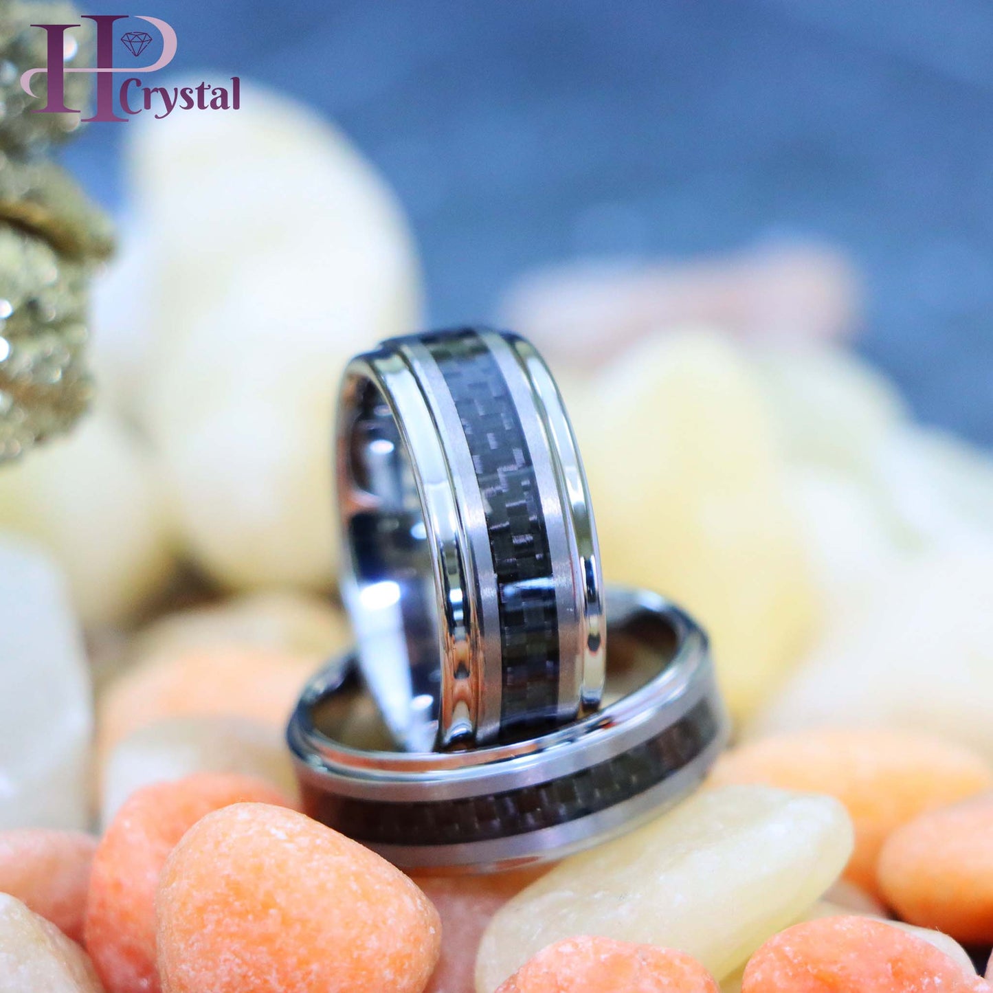 Black Carbon Fiber Inlay on Brushed Center Tungsten Ring