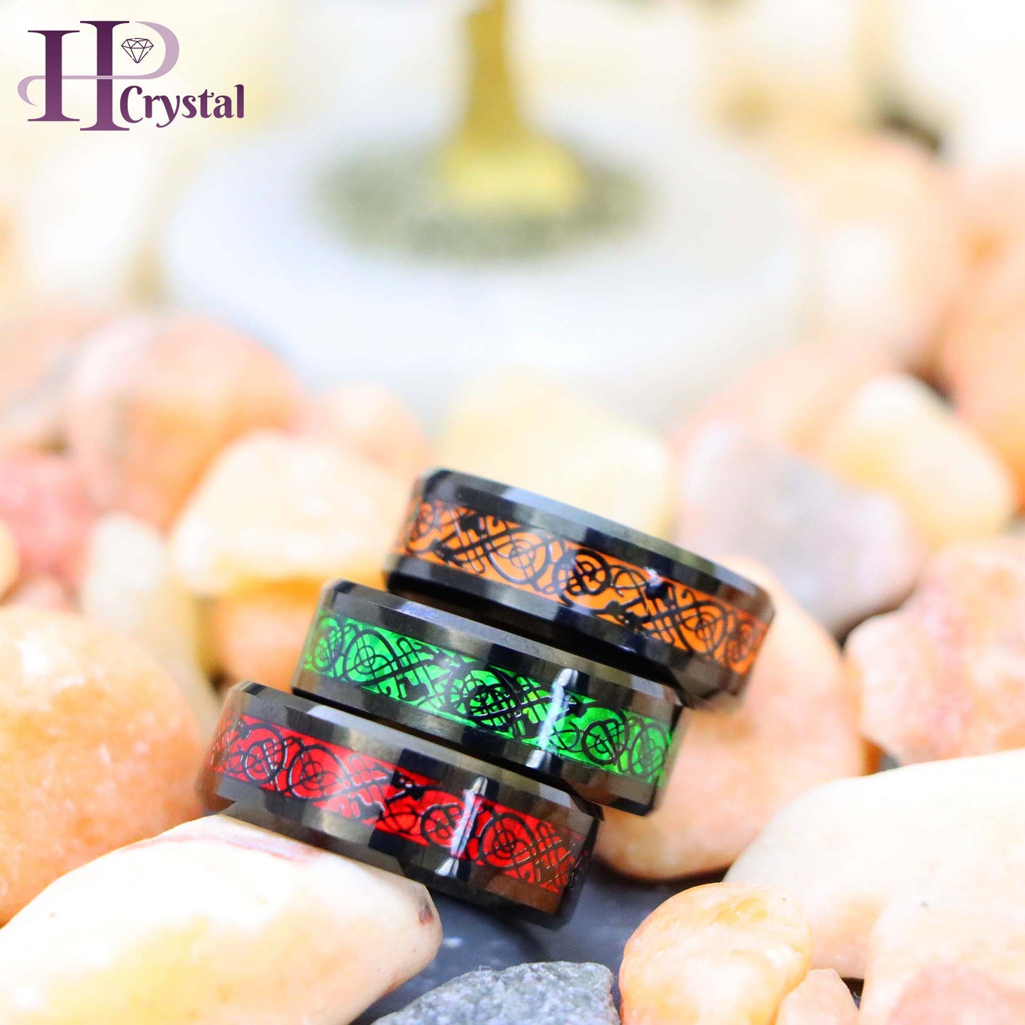 Black & Red / Black & Green / Black & Orange Celtic Inlay Tungsten Ring
