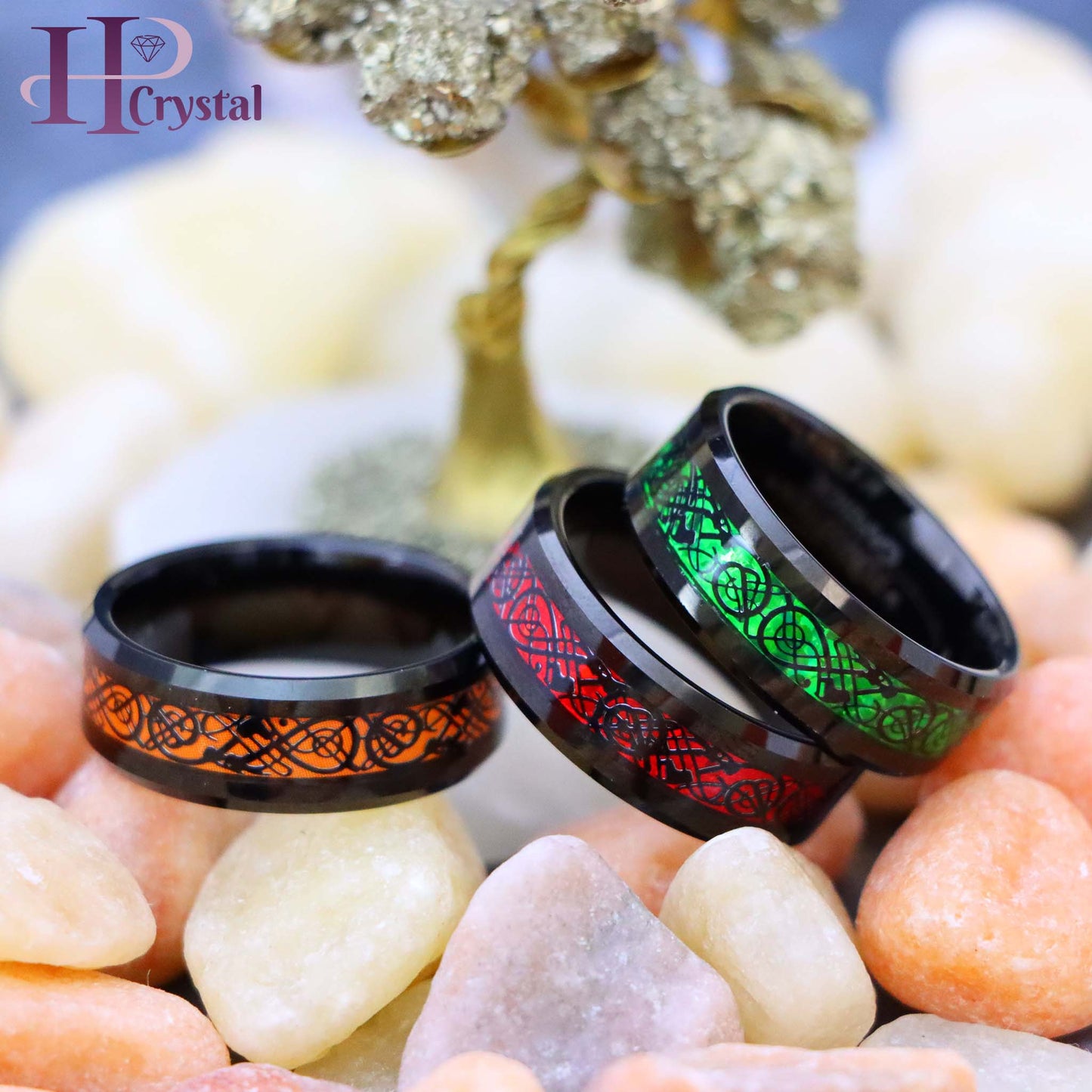 Black & Red / Black & Green / Black & Orange Celtic Inlay Tungsten Ring
