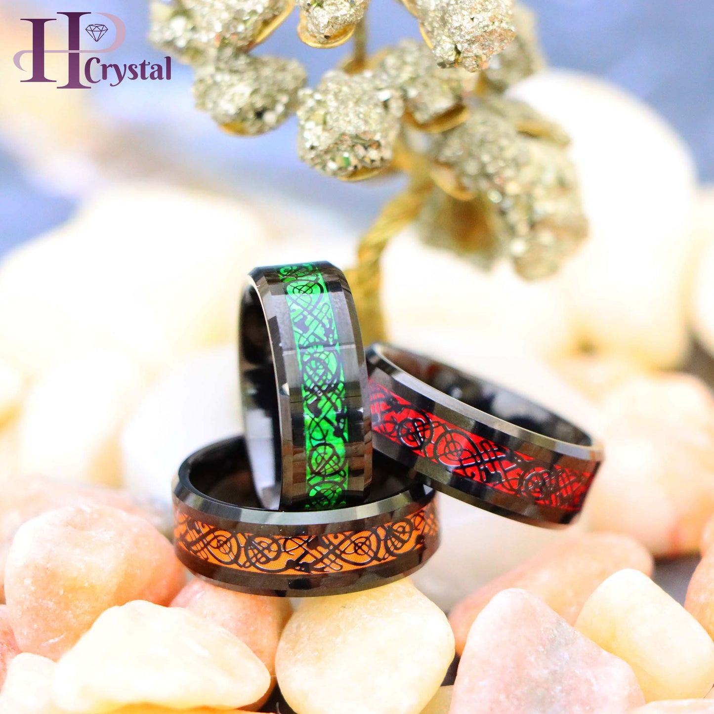 Black & Red / Black & Green / Black & Orange Celtic Inlay Tungsten Ring
