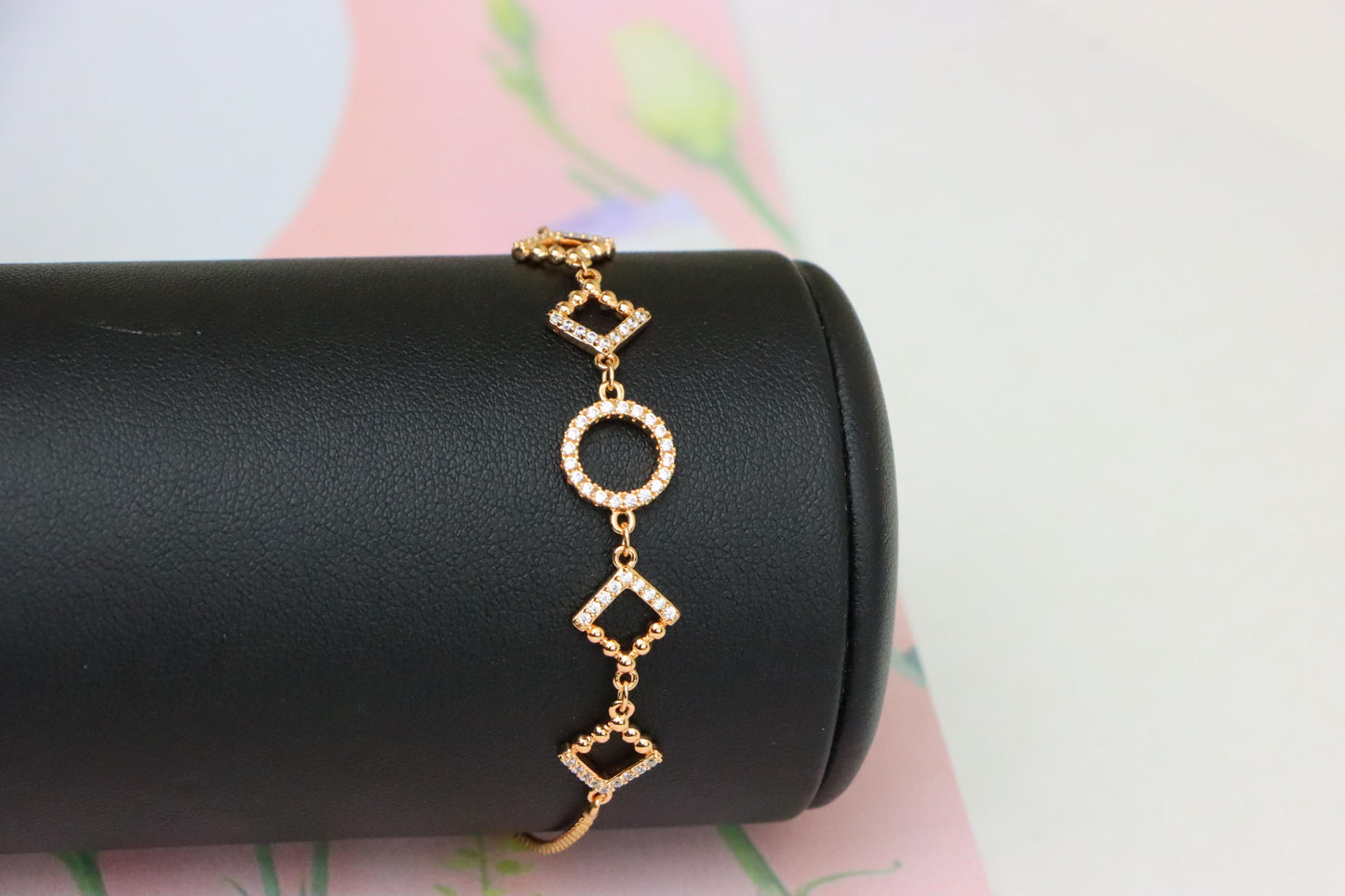 Rose Gold Adjustable Bracelet with Geometric CZ Charm Design, XPAB1913 (2162-6)