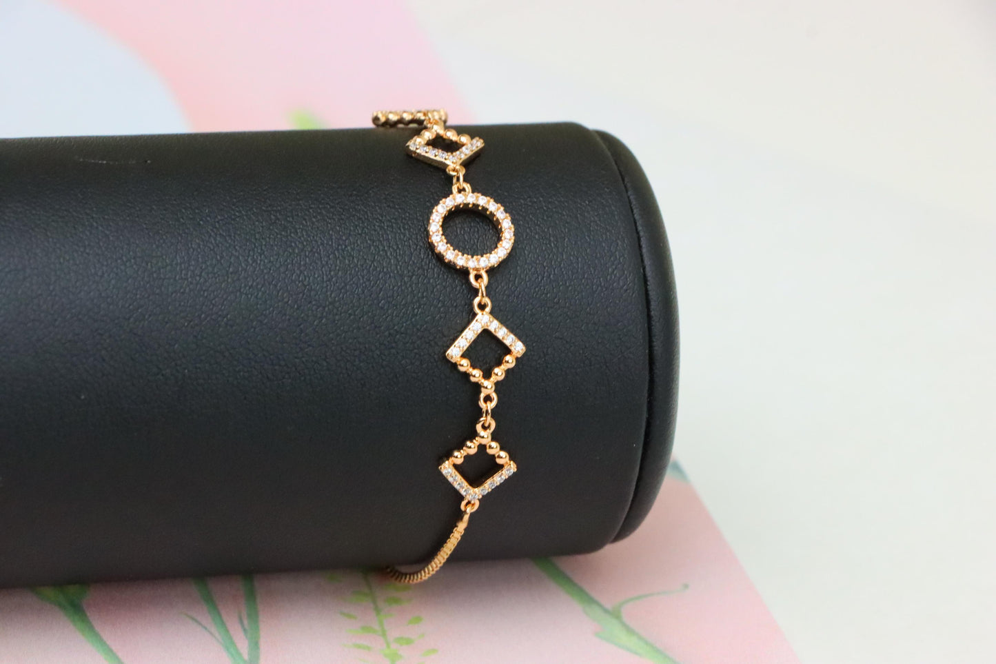 Rose Gold Adjustable Bracelet with Geometric CZ Charm Design, XPAB1913 (2162-6)