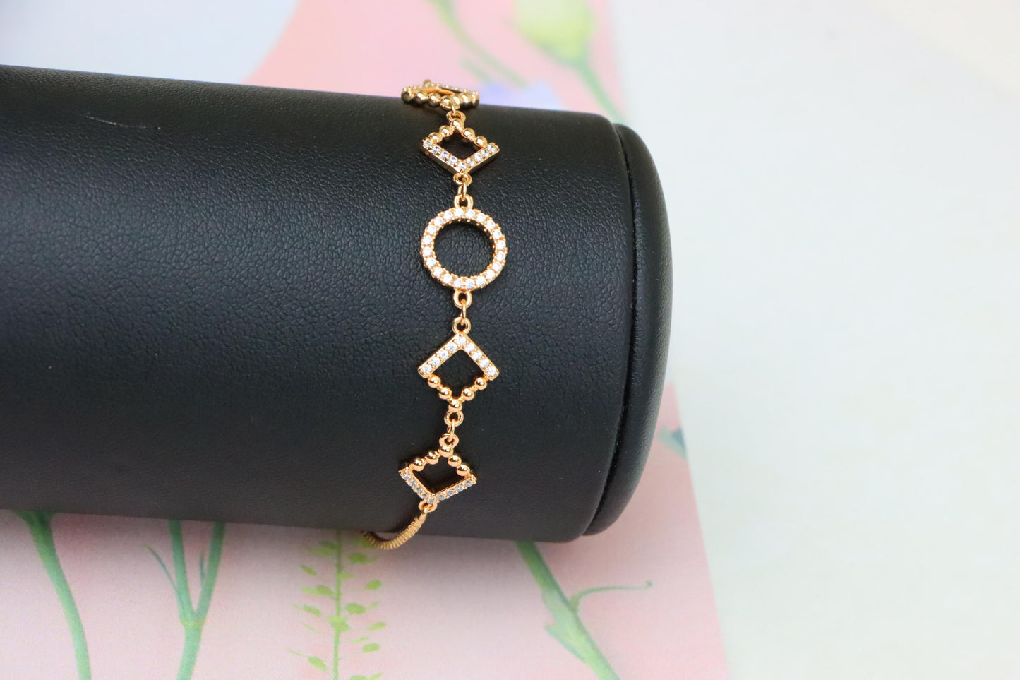 Rose Gold Adjustable Bracelet with Geometric CZ Charm Design, XPAB1913 (2162-6)