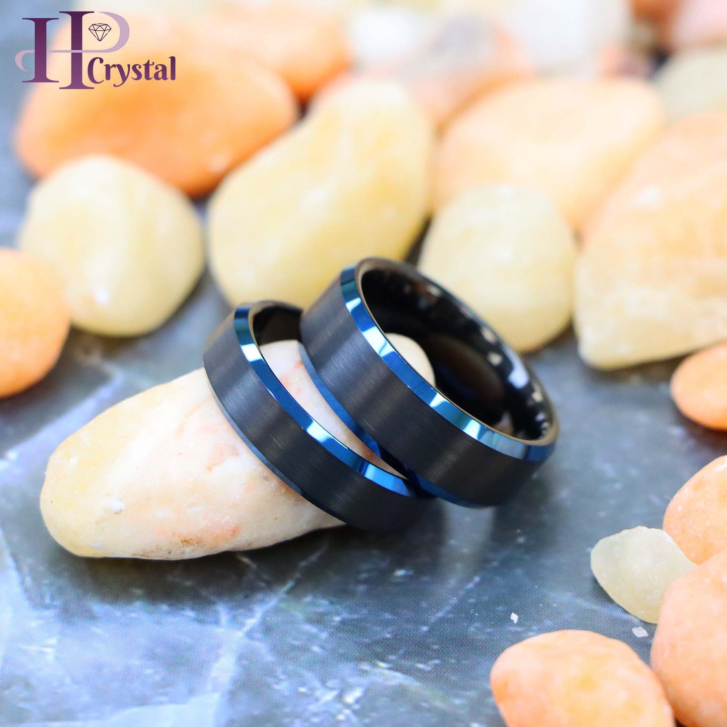 Black IP Tungsten Ring with Blue IP Beveled Edge