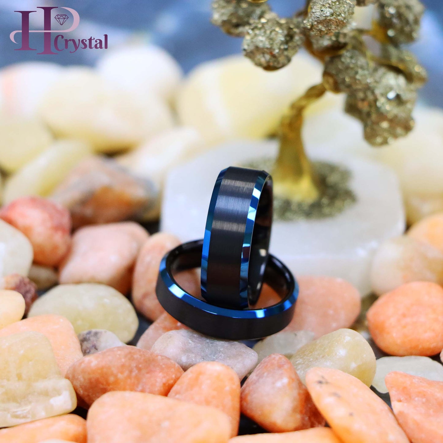Black IP Tungsten Ring with Blue IP Beveled Edge