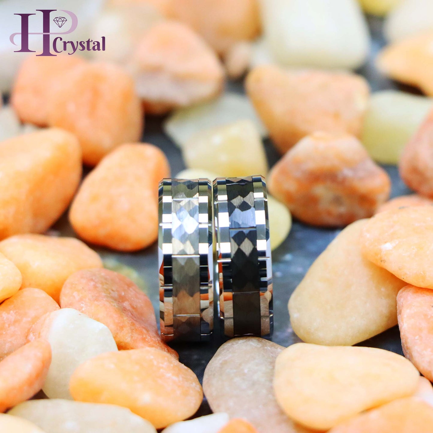 High Polished Beveled Edge with Notches & Black IP Plated Hammered Finish Tungsten Ring