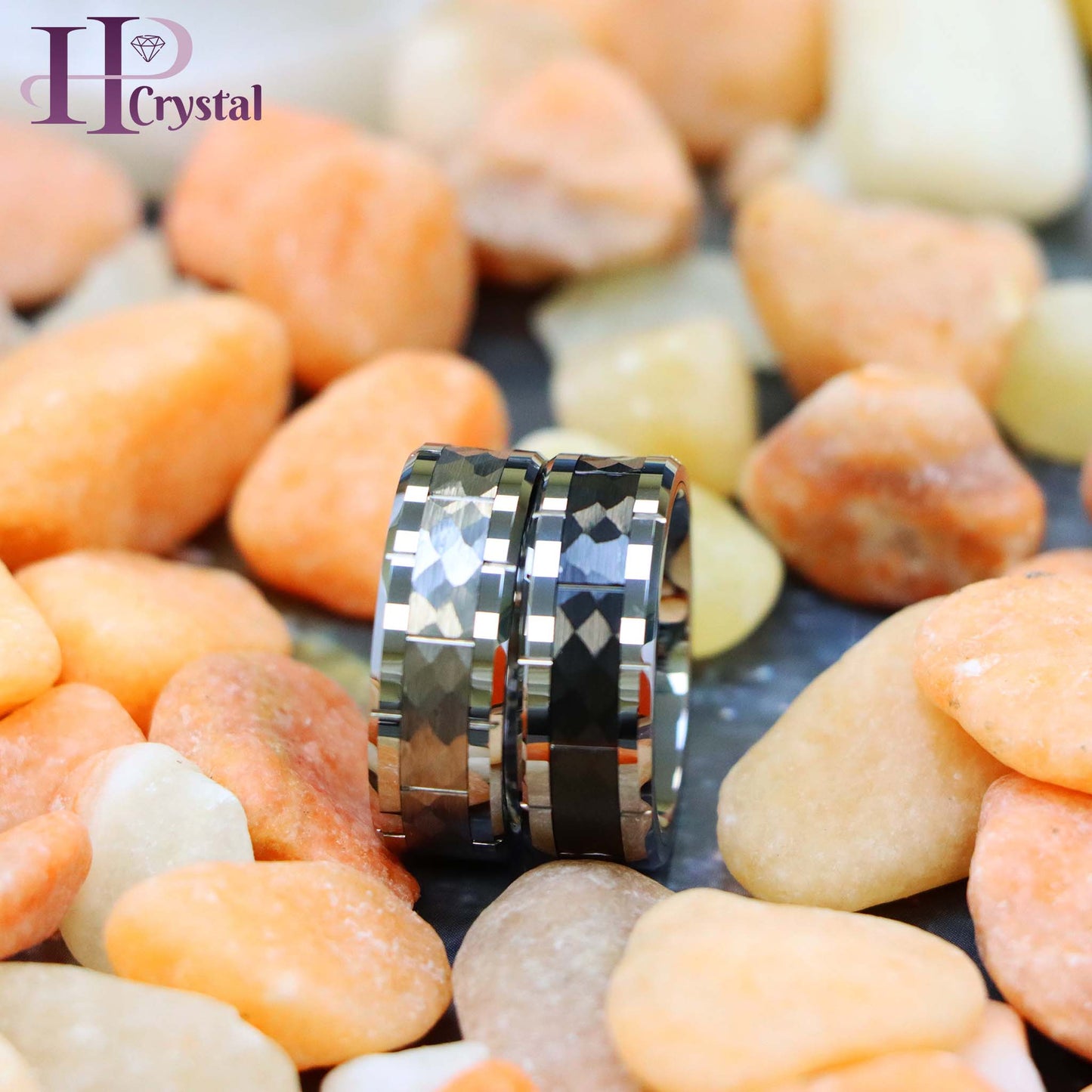 High Polished Beveled Edge with Notches & Black IP Plated Hammered Finish Tungsten Ring