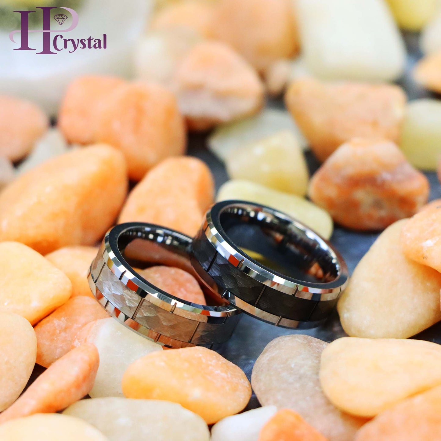 High Polished Beveled Edge with Notches & Black IP Plated Hammered Finish Tungsten Ring
