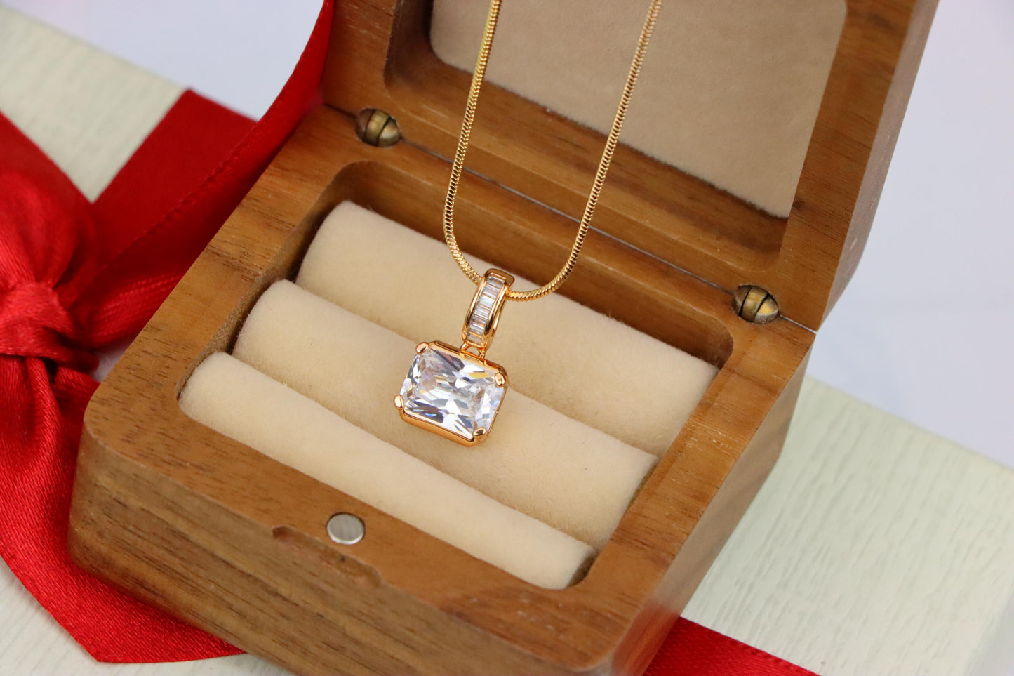 Elegant White Stone Pendant in Gold Finish with Baguette Detailing, XPPT1777 (2162-7)