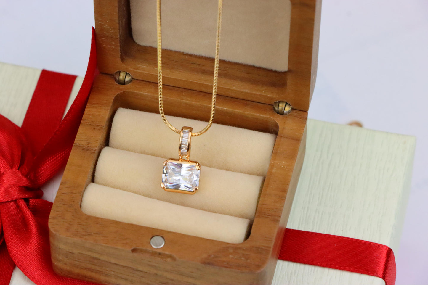 Elegant White Stone Pendant in Gold Finish with Baguette Detailing, XPPT1777 (2162-7)