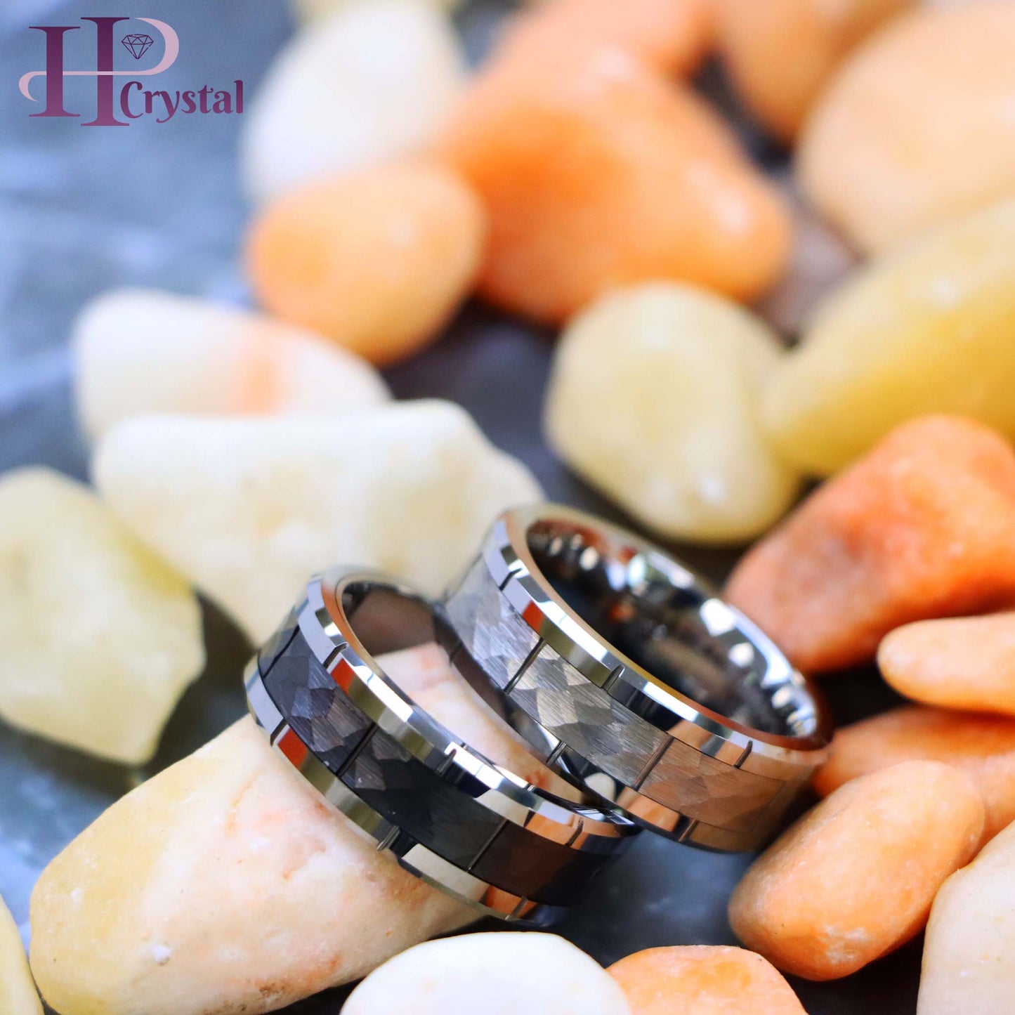 High Polished Beveled Edge with Notches & Black IP Plated Hammered Finish Tungsten Ring