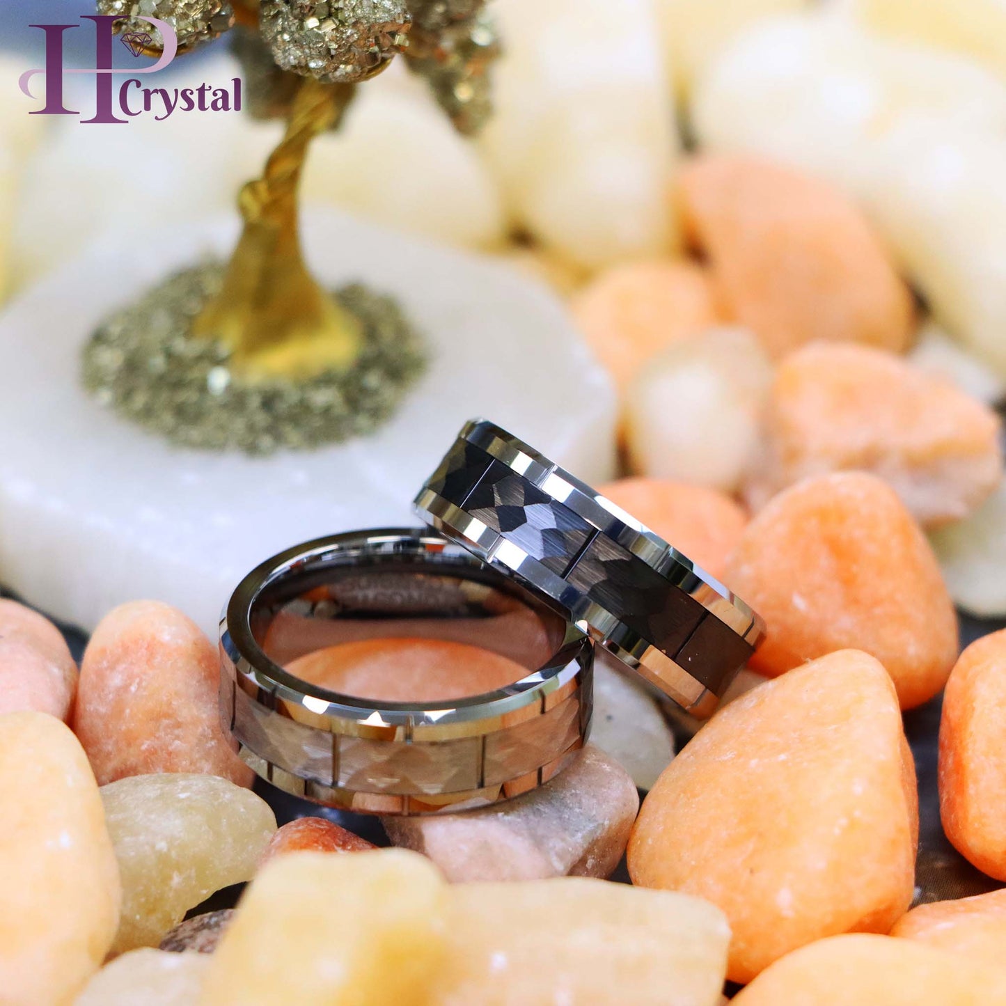 High Polished Beveled Edge with Notches & Black IP Plated Hammered Finish Tungsten Ring