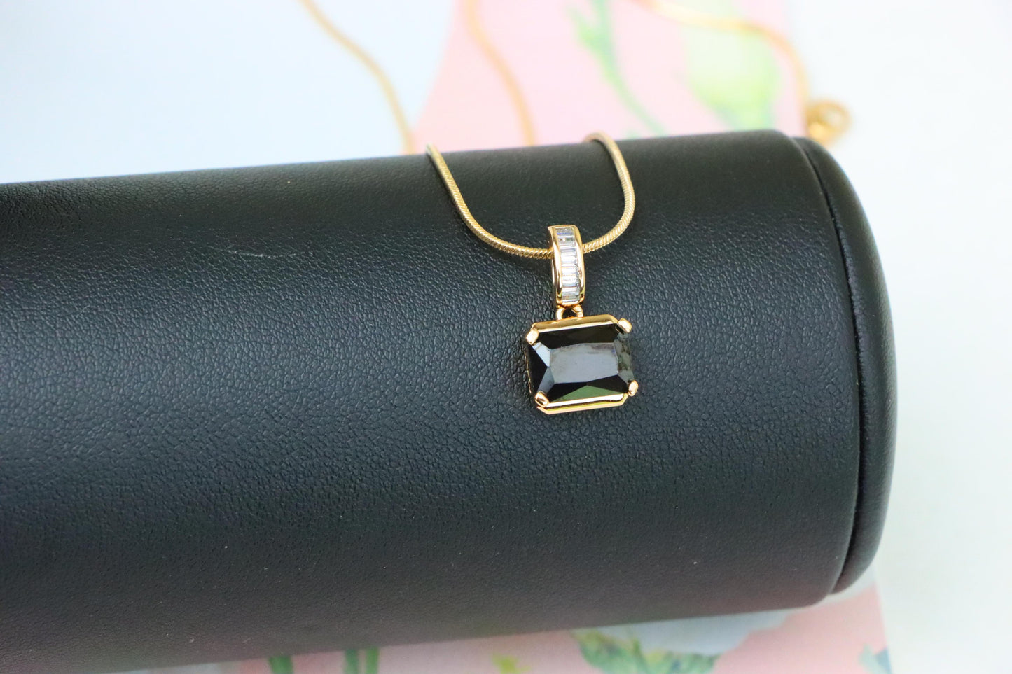 Chic Black Emerald Cut Pendant with Gold Plated Baguette Bail, XPPT1778 (2162-7)