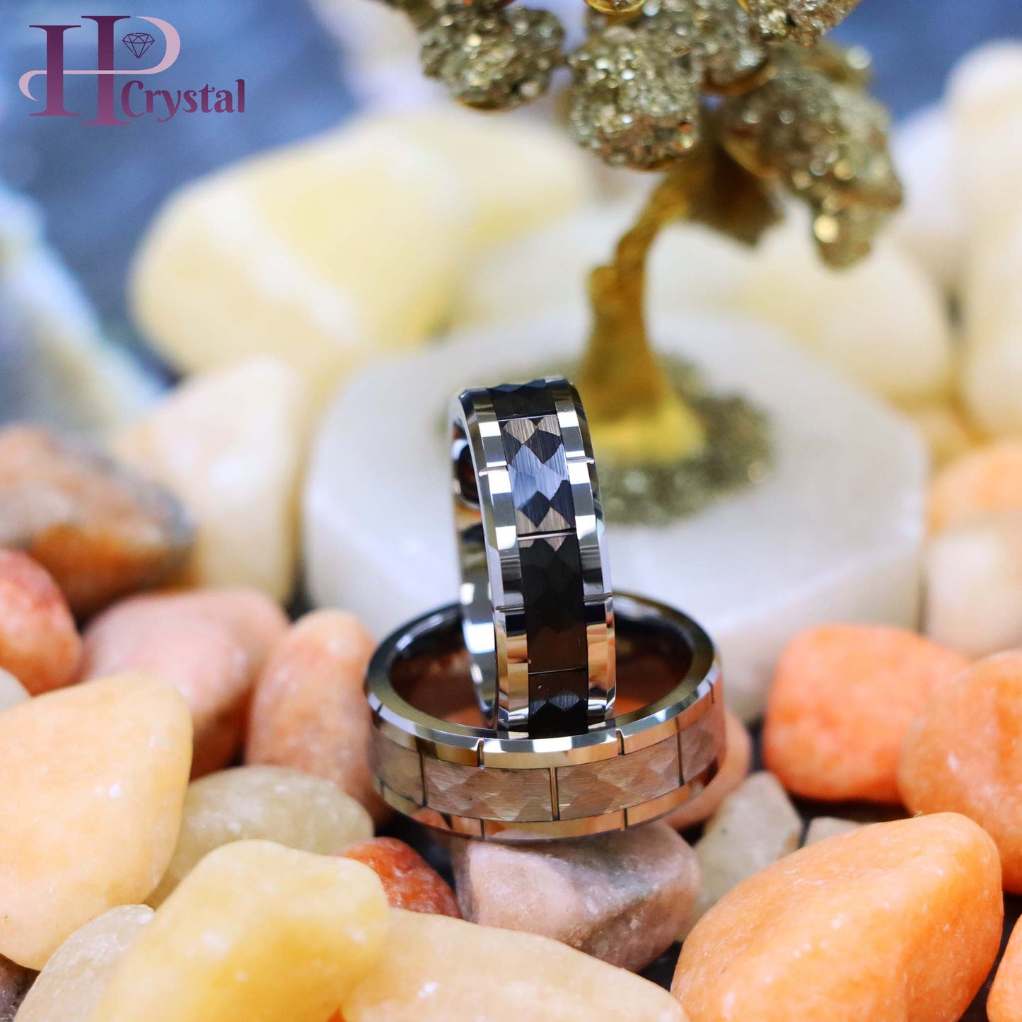 High Polished Beveled Edge with Notches & Black IP Plated Hammered Finish Tungsten Ring