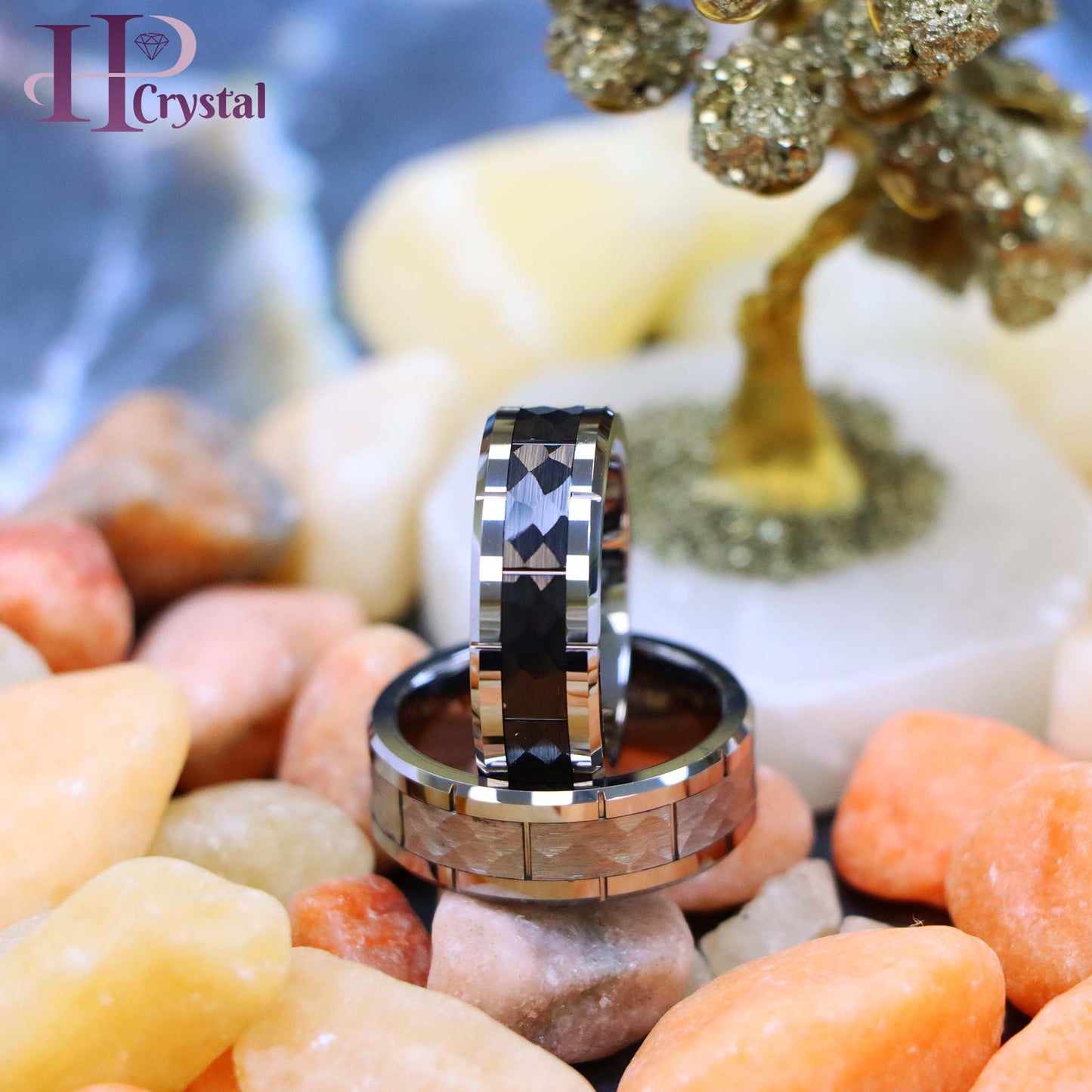 High Polished Beveled Edge with Notches & Black IP Plated Hammered Finish Tungsten Ring
