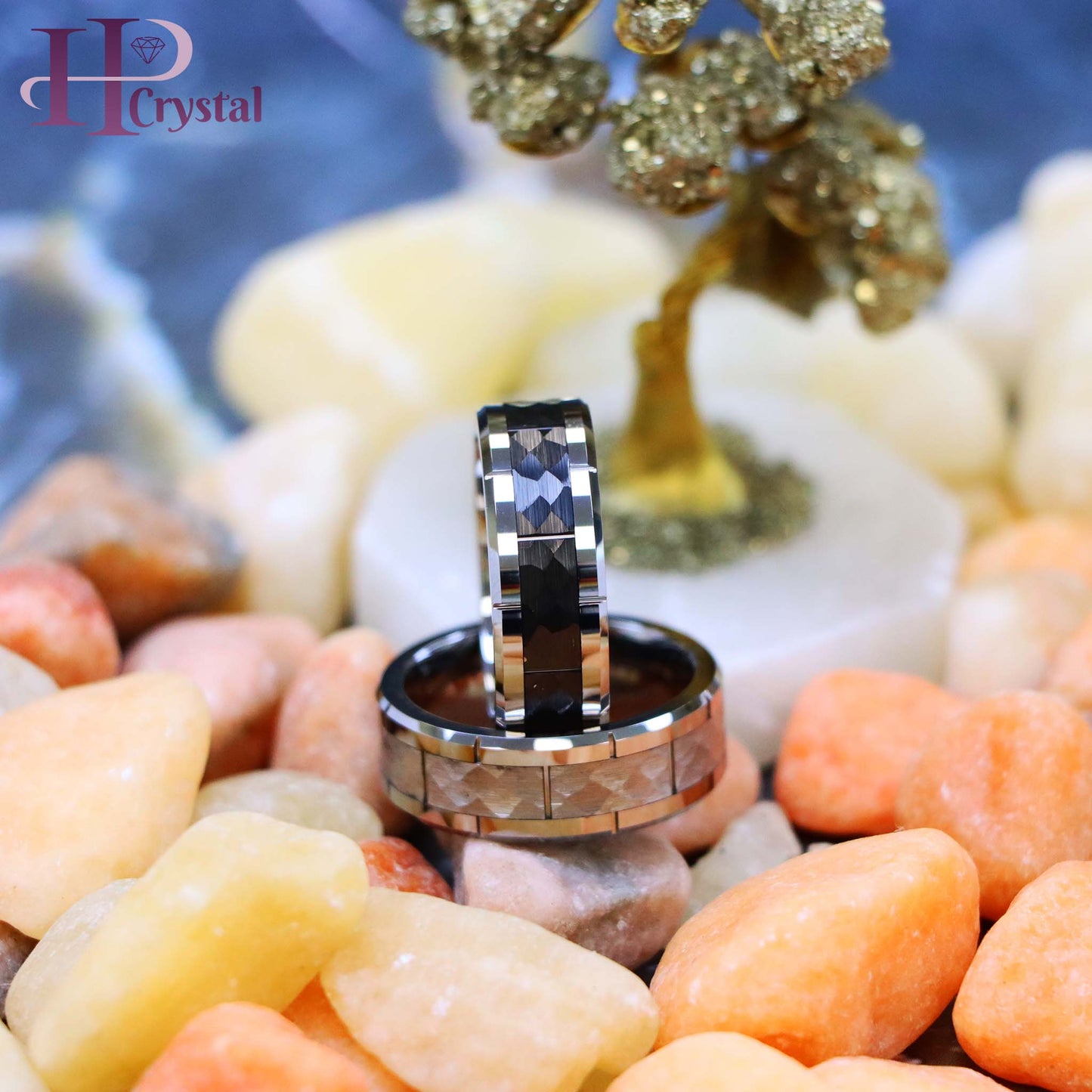 High Polished Beveled Edge with Notches & Black IP Plated Hammered Finish Tungsten Ring