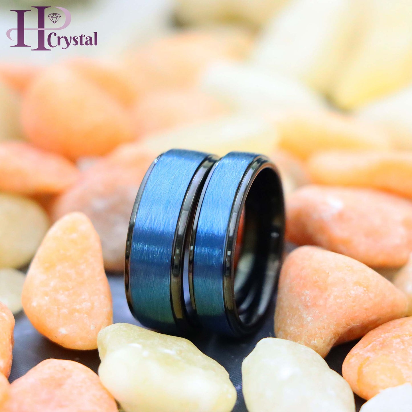Blue Tone IP Plated Ice Finish Center High Polished Stepped Edge Tungsten Ring