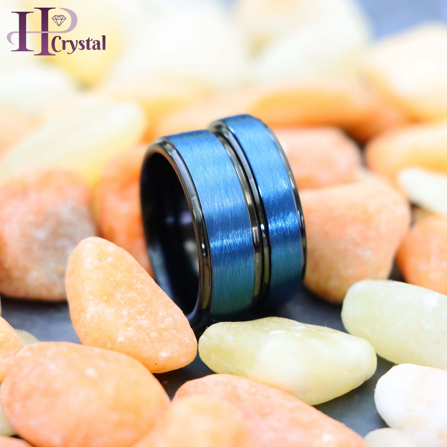 Blue Tone IP Plated Ice Finish Center High Polished Stepped Edge Tungsten Ring