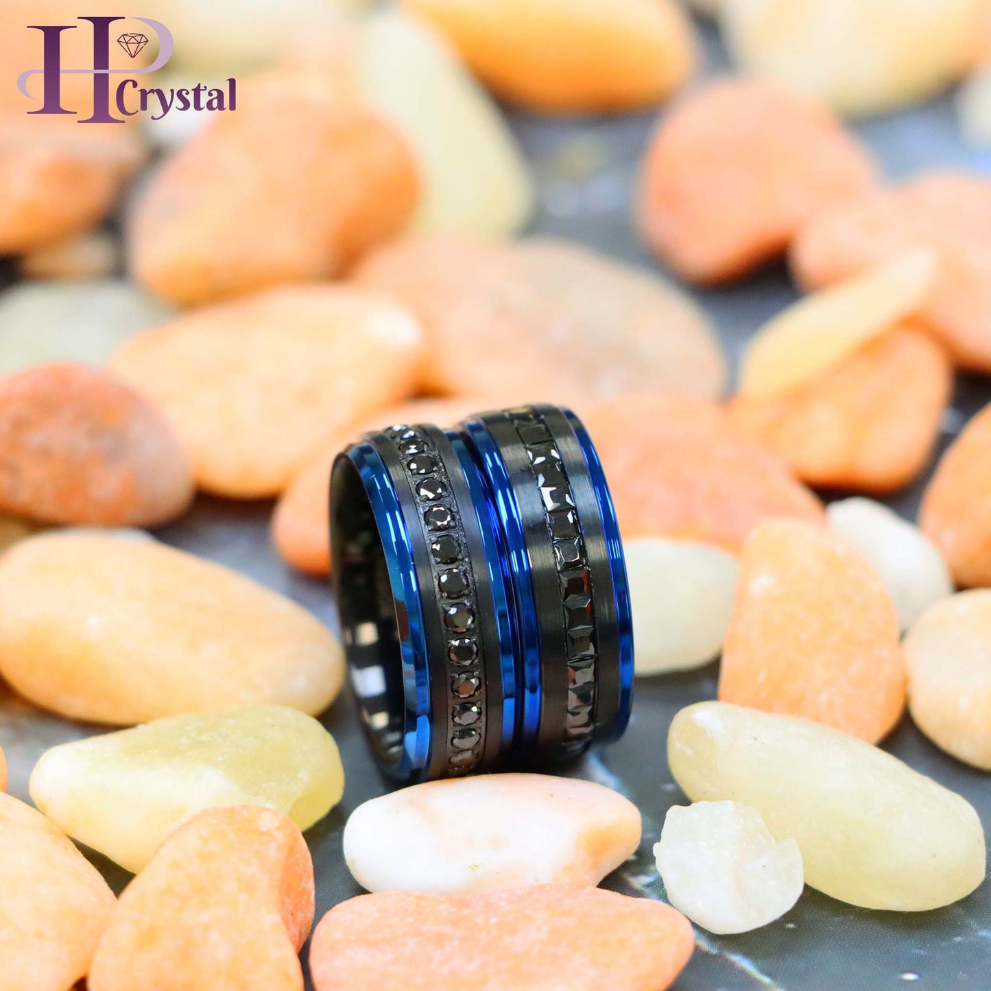 Black IP Plated Blue Edges Black CZ Princess/Round Cut Eternity Tungsten Ring