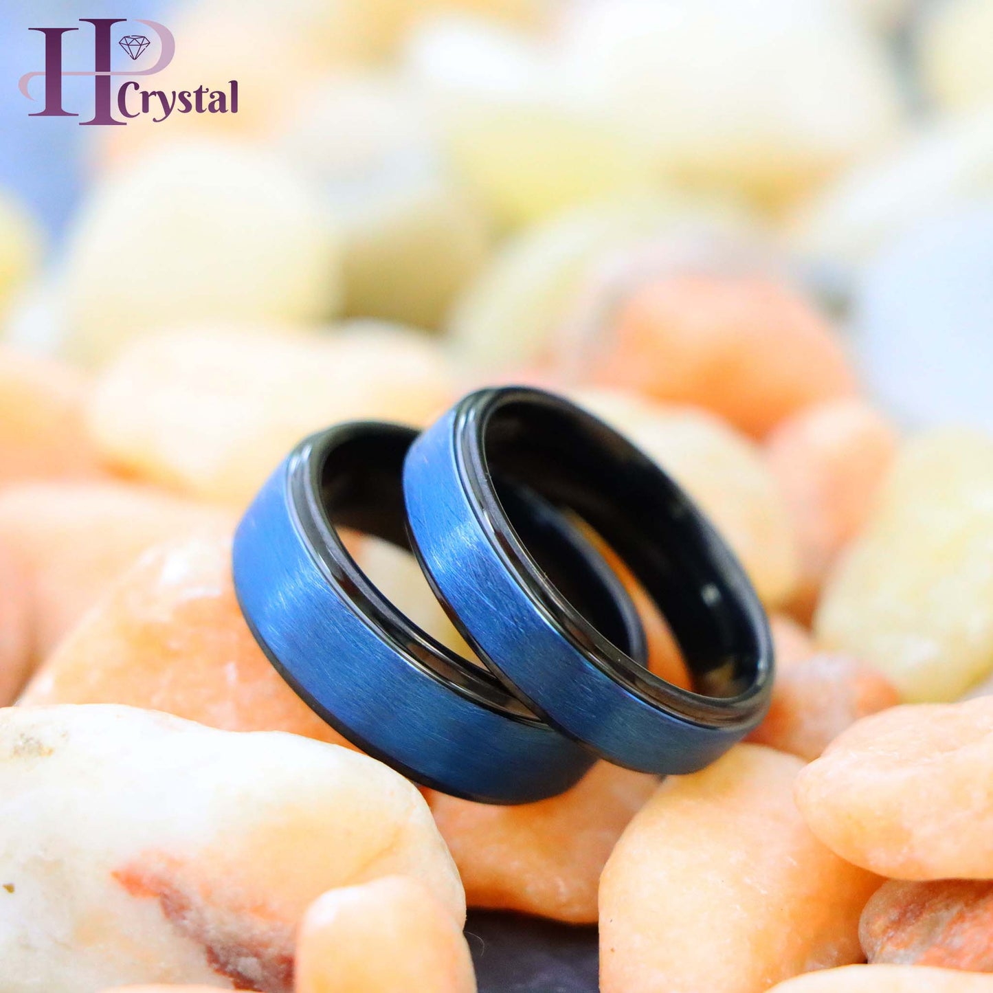 Blue Tone IP Plated Ice Finish Center High Polished Stepped Edge Tungsten Ring