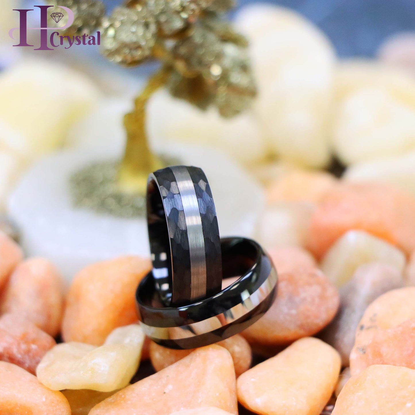 High Polish Black IP Plate Shiny Center Line/Chiseled Sides & Brushed Stripe Center Tungsten Ring