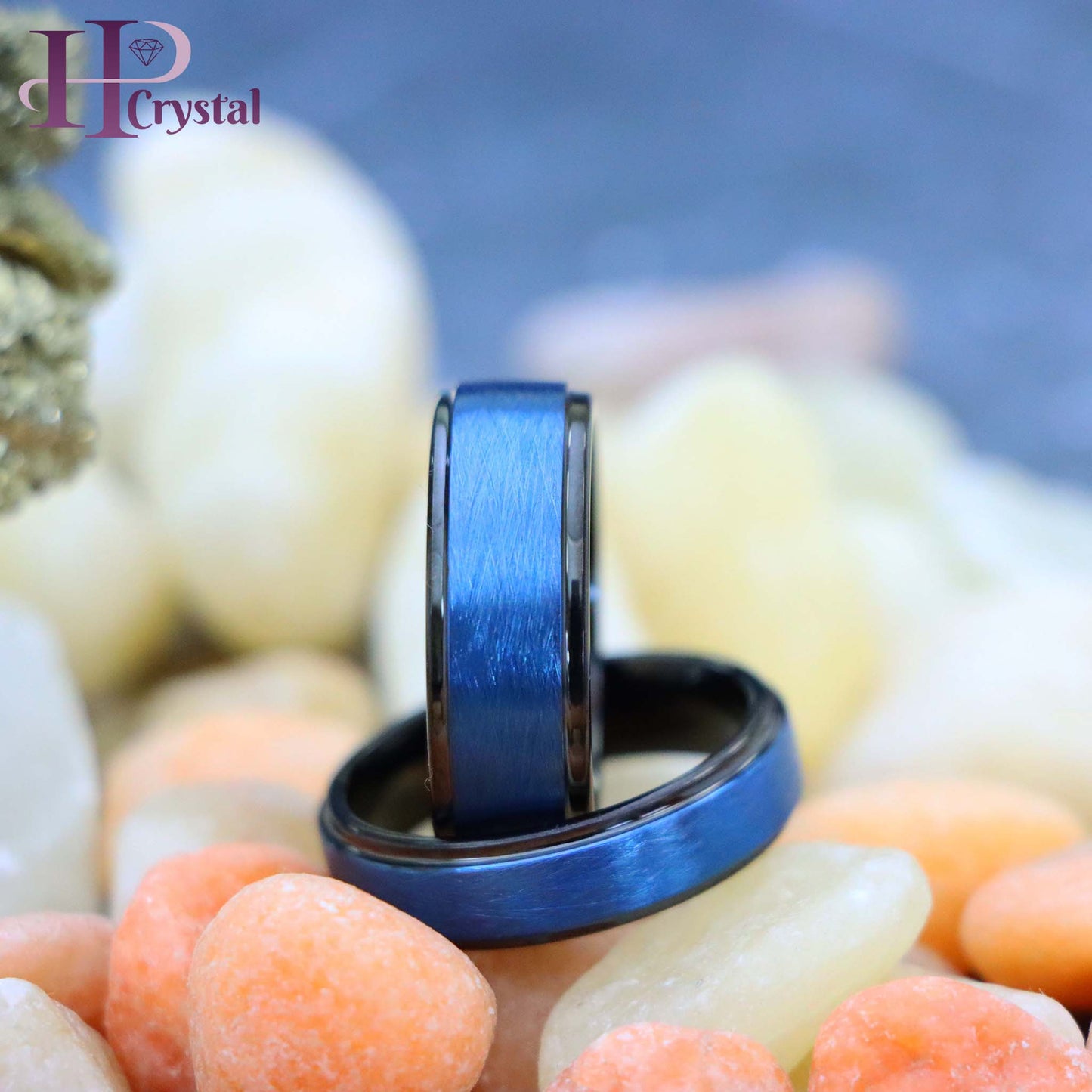 Blue Tone IP Plated Ice Finish Center High Polished Stepped Edge Tungsten Ring